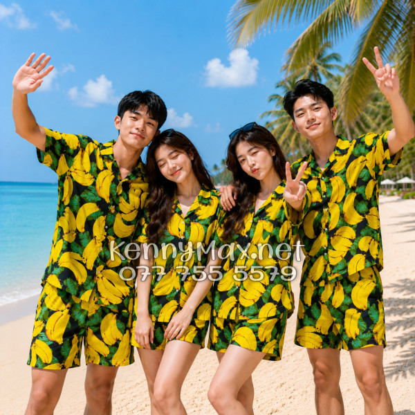Set Áo Sơ Mi Quần Short Tropical Chuối Vàng Nền Đen Đi Biển Nam Nữ