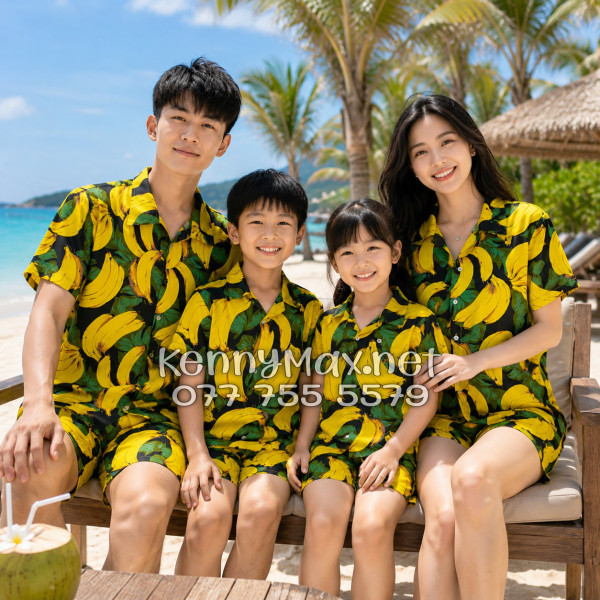 Set Áo Sơ Mi Quần Short Tropical Chuối Vàng Nền Đen Đi Biển Nam Nữ