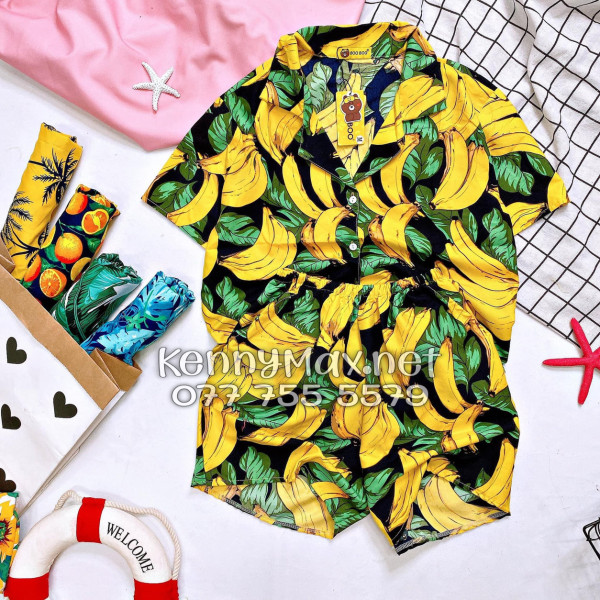 Set Áo Sơ Mi Quần Short Tropical Chuối Vàng Nền Đen Đi Biển Nam Nữ