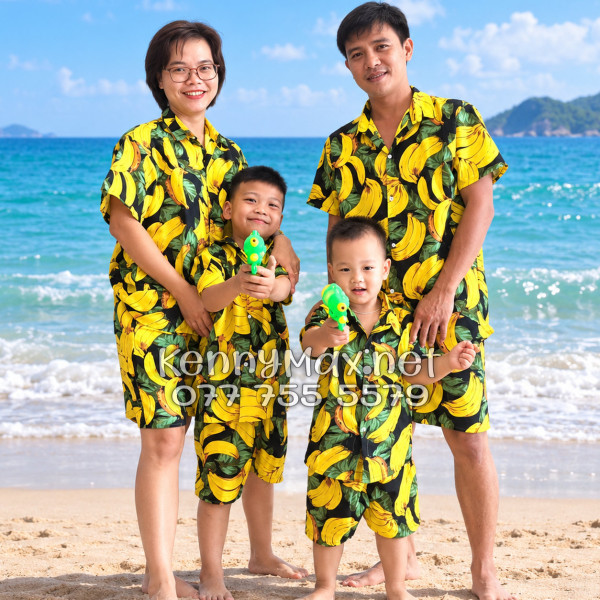 Set Áo Sơ Mi Quần Short Tropical Chuối Vàng Nền Đen Đi Biển Nam Nữ
