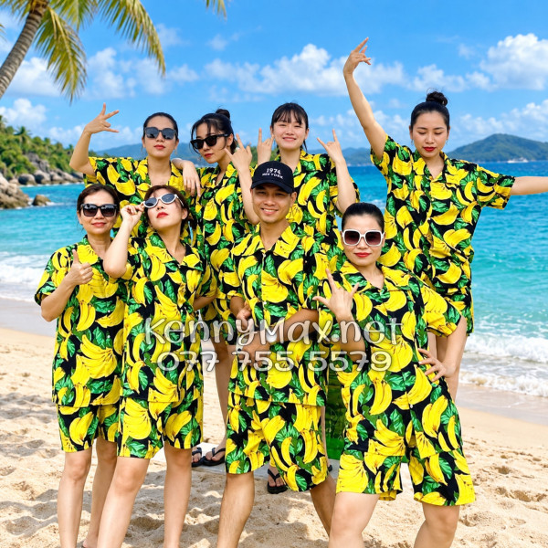 Set Áo Sơ Mi Quần Short Tropical Chuối Vàng Nền Đen Đi Biển Nam Nữ
