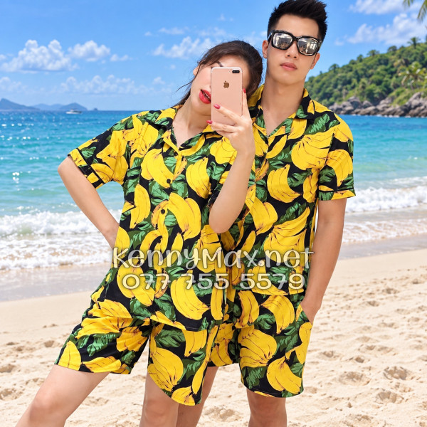 Set Áo Sơ Mi Quần Short Tropical Chuối Vàng Nền Đen Đi Biển Nam Nữ