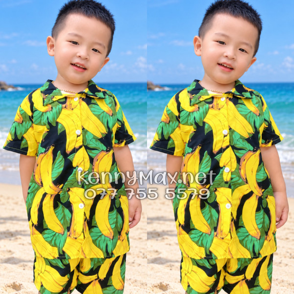 Set Áo Sơ Mi Quần Short Tropical Chuối Vàng Nền Đen Đi Biển Nam Nữ