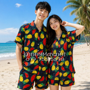 Set Áo Sơ Mi Quần Short Tropical Thơm Dưa Hấu Nền Đen Đi Biển Nam Nữ