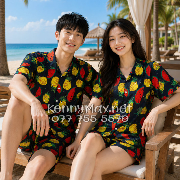 Set Áo Sơ Mi Quần Short Tropical Thơm Dưa Hấu Nền Đen Đi Biển Nam Nữ