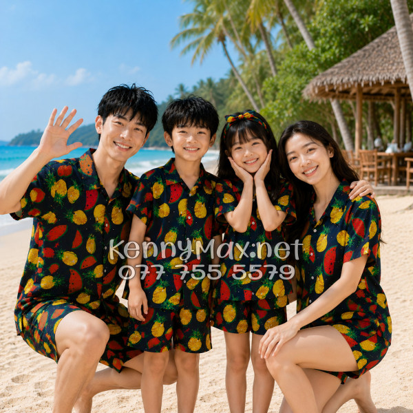 Set Áo Sơ Mi Quần Short Tropical Thơm Dưa Hấu Nền Đen Đi Biển Nam Nữ