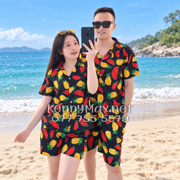 Set Áo Sơ Mi Quần Short Tropical Thơm Dưa Hấu Nền Đen Đi Biển Nam Nữ