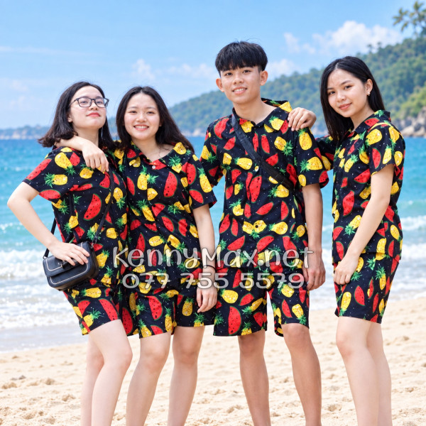 Set Áo Sơ Mi Quần Short Tropical Thơm Dưa Hấu Nền Đen Đi Biển Nam Nữ