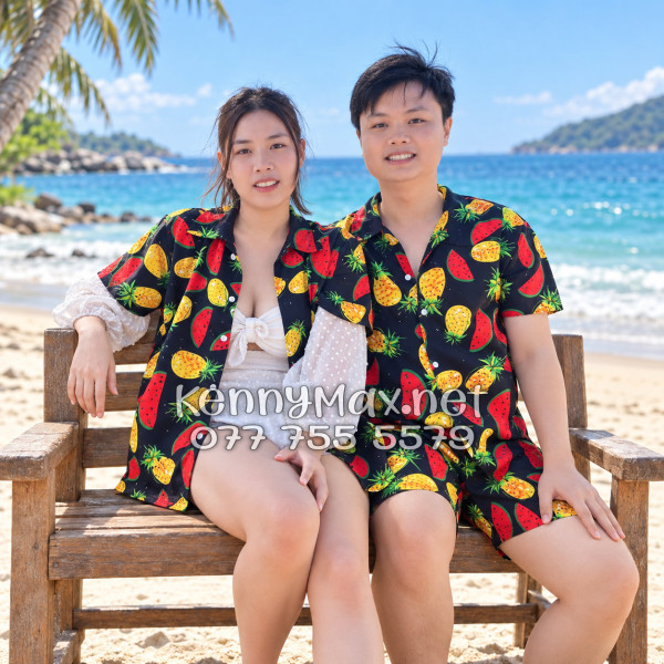 Set Áo Sơ Mi Quần Short Tropical Thơm Dưa Hấu Nền Đen Đi Biển Nam Nữ