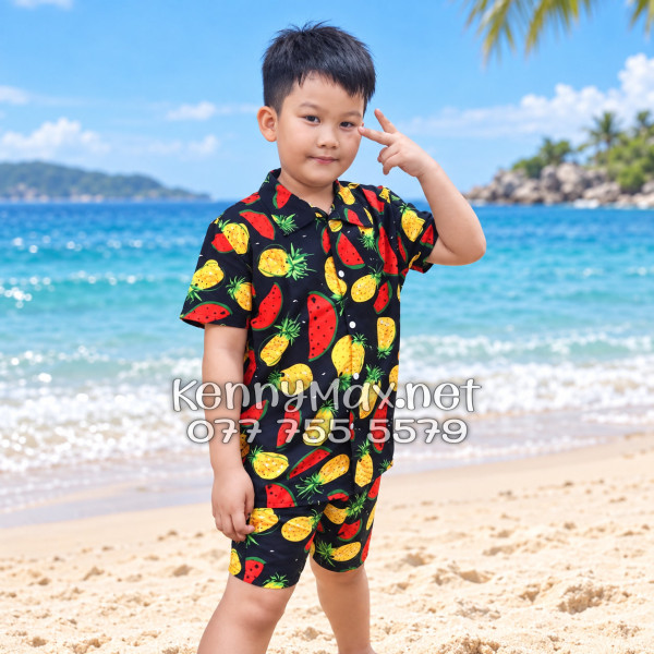 Set Áo Sơ Mi Quần Short Tropical Thơm Dưa Hấu Nền Đen Đi Biển Nam Nữ