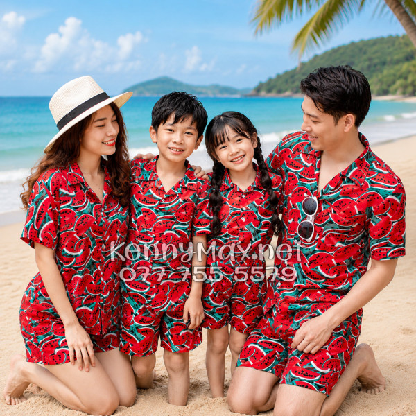 Set Áo Sơ Mi Quần Short Tropical Dưa Hấu Đỏ Đi Biển Nam Nữ