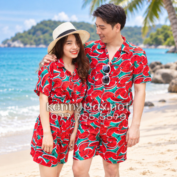 Set Áo Sơ Mi Quần Short Tropical Dưa Hấu Đỏ Đi Biển Nam Nữ