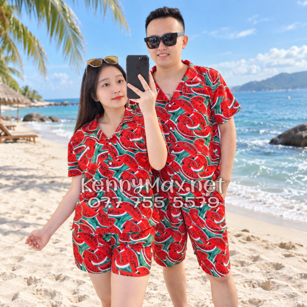 Set Áo Sơ Mi Quần Short Tropical Dưa Hấu Đỏ Đi Biển Nam Nữ