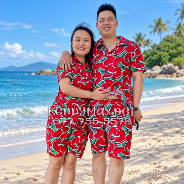 Set Áo Sơ Mi Quần Short Tropical Dưa Hấu Đỏ Đi Biển Nam Nữ