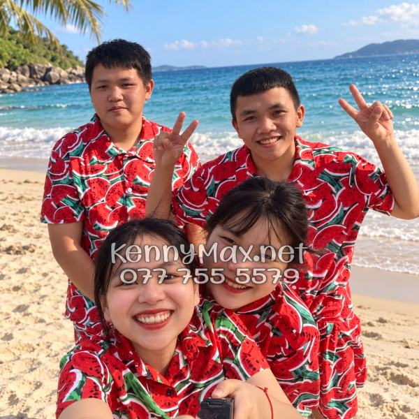 Set Áo Sơ Mi Quần Short Tropical Dưa Hấu Đỏ Đi Biển Nam Nữ