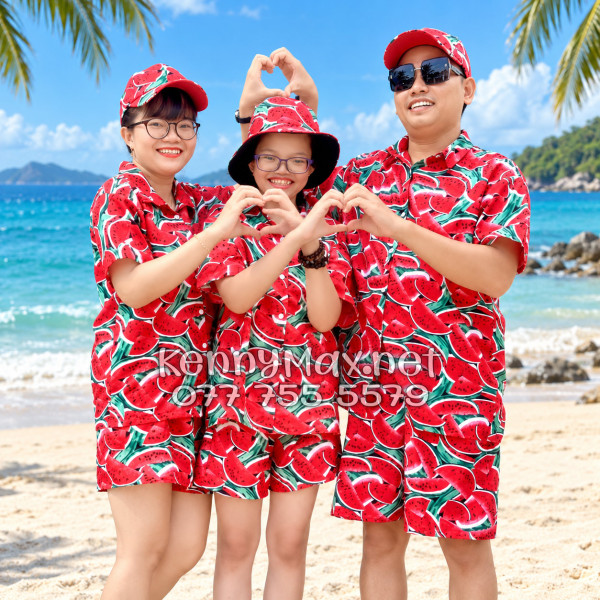 Set Áo Sơ Mi Quần Short Tropical Dưa Hấu Đỏ Đi Biển Nam Nữ