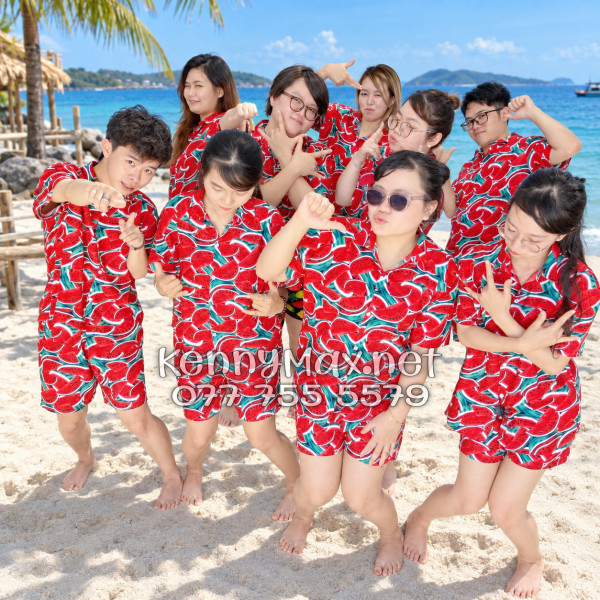 Set Áo Sơ Mi Quần Short Tropical Dưa Hấu Đỏ Đi Biển Nam Nữ