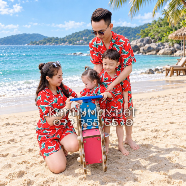 Set Áo Sơ Mi Quần Short Tropical Dưa Hấu Đỏ Đi Biển Nam Nữ