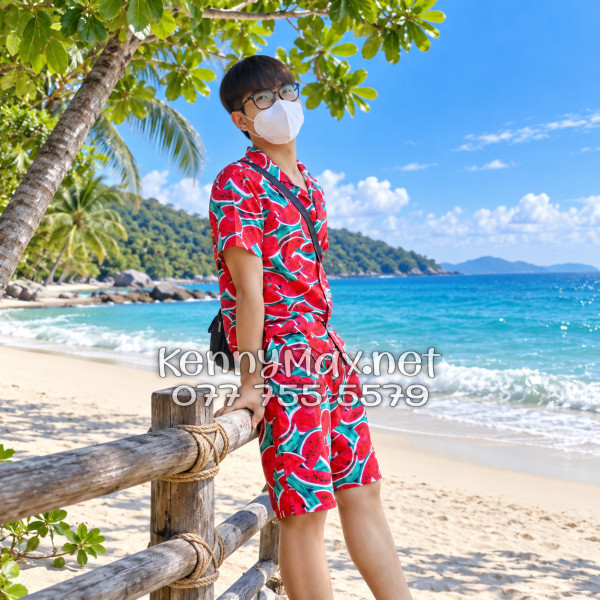 Set Áo Sơ Mi Quần Short Tropical Dưa Hấu Đỏ Đi Biển Nam Nữ