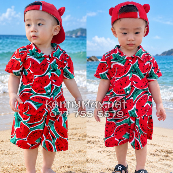 Set Áo Sơ Mi Quần Short Tropical Dưa Hấu Đỏ Đi Biển Nam Nữ