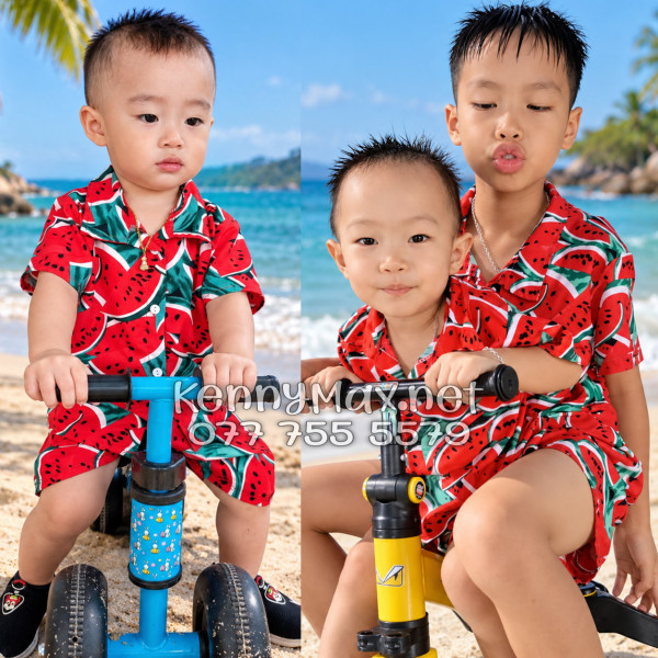 Set Áo Sơ Mi Quần Short Tropical Dưa Hấu Đỏ Đi Biển Nam Nữ