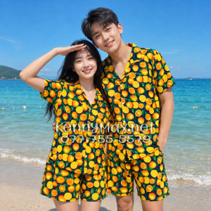 Set Áo Sơ Mi Quần Short Tropical Cam Vàng Nền Đen Đi Biển Nam Nữ