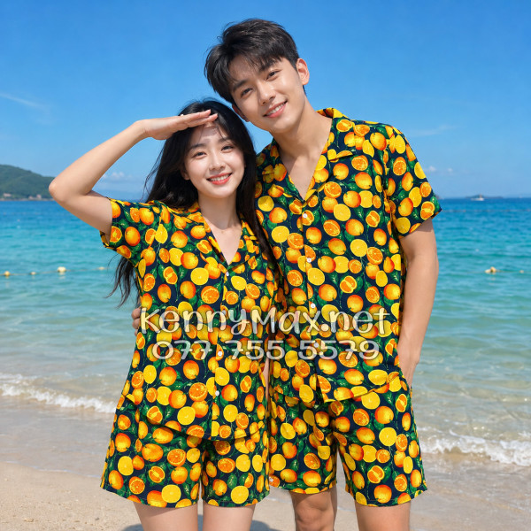 Set Áo Sơ Mi Quần Short Tropical Cam Vàng Nền Đen Đi Biển Nam Nữ