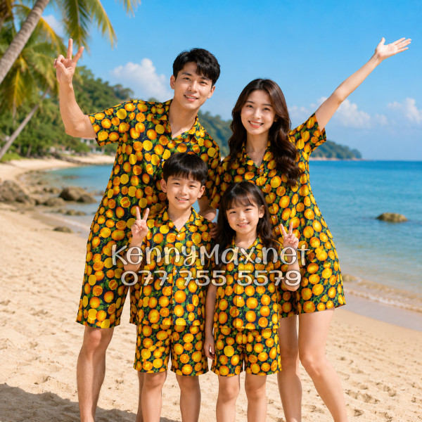 Set Áo Sơ Mi Quần Short Tropical Cam Vàng Nền Đen Đi Biển Nam Nữ