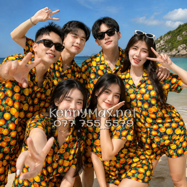 Set Áo Sơ Mi Quần Short Tropical Cam Vàng Nền Đen Đi Biển Nam Nữ