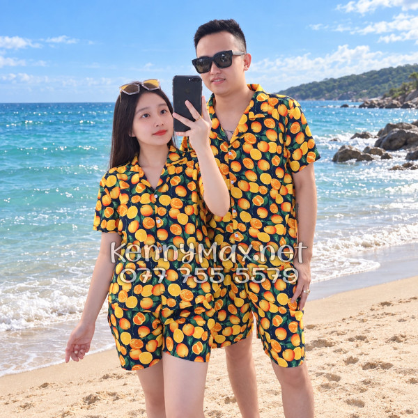 Set Áo Sơ Mi Quần Short Tropical Cam Vàng Nền Đen Đi Biển Nam Nữ