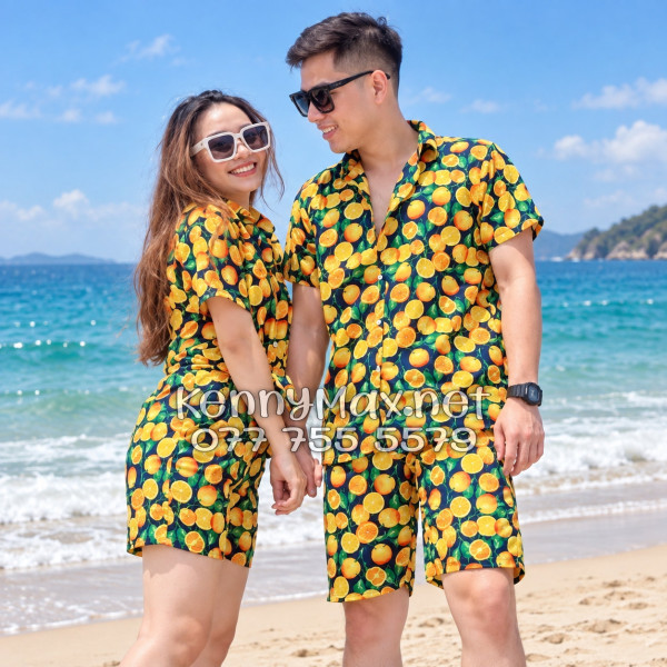Set Áo Sơ Mi Quần Short Tropical Cam Vàng Nền Đen Đi Biển Nam Nữ