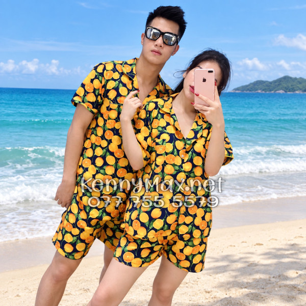 Set Áo Sơ Mi Quần Short Tropical Cam Vàng Nền Đen Đi Biển Nam Nữ