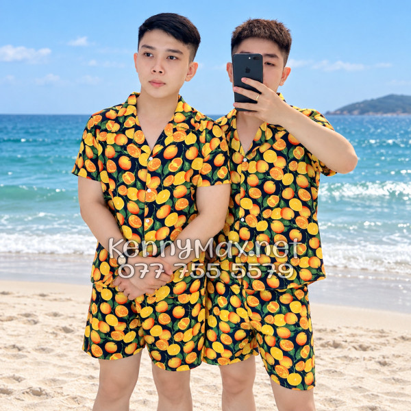 Set Áo Sơ Mi Quần Short Tropical Cam Vàng Nền Đen Đi Biển Nam Nữ