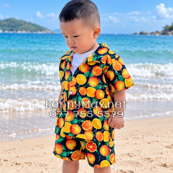 Set Áo Sơ Mi Quần Short Tropical Cam Vàng Nền Đen Đi Biển Nam Nữ