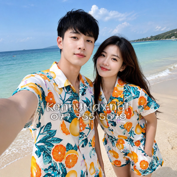 Set Áo Sơ Mi Quần Short Tropical Cam Vàng Nền Trắng Đi Biển Nam Nữ
