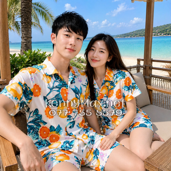 Set Áo Sơ Mi Quần Short Tropical Cam Vàng Nền Trắng Đi Biển Nam Nữ