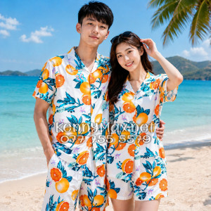 Set Áo Sơ Mi Quần Short Tropical Cam Vàng Nền Trắng Đi Biển Nam Nữ