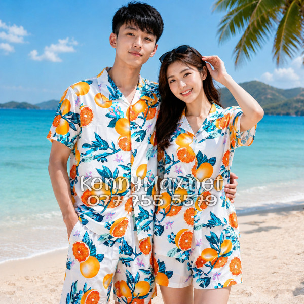 Set Áo Sơ Mi Quần Short Tropical Cam Vàng Nền Trắng Đi Biển Nam Nữ