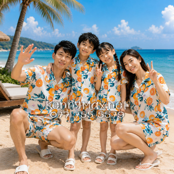 Set Áo Sơ Mi Quần Short Tropical Cam Vàng Nền Trắng Đi Biển Nam Nữ