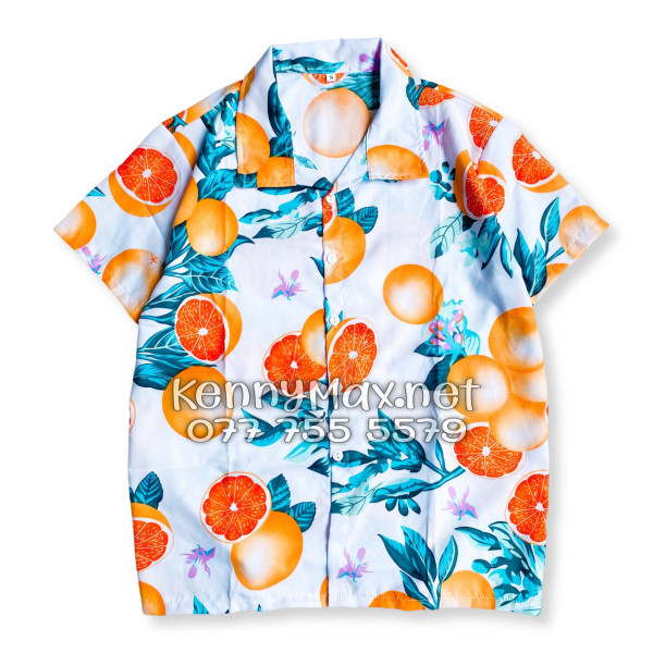 Set Áo Sơ Mi Quần Short Tropical Cam Vàng Nền Trắng Đi Biển Nam Nữ