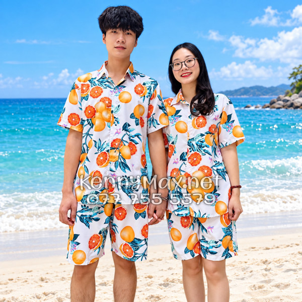 Set Áo Sơ Mi Quần Short Tropical Cam Vàng Nền Trắng Đi Biển Nam Nữ