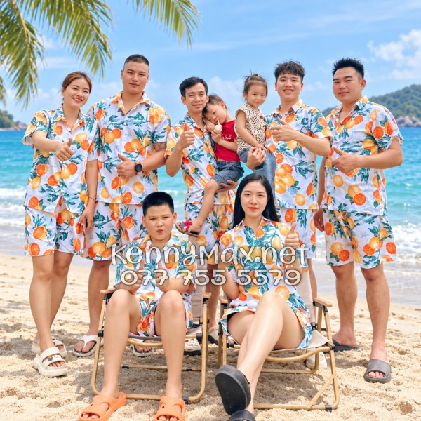 Set Áo Sơ Mi Quần Short Tropical Cam Vàng Nền Trắng Đi Biển Nam Nữ