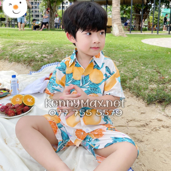Set Áo Sơ Mi Quần Short Tropical Cam Vàng Nền Trắng Đi Biển Nam Nữ