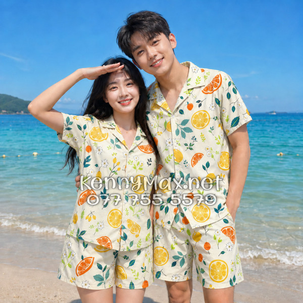 Set Áo Sơ Mi Quần Short Tropical Trái Cam Vàng Nhạt Đi Biển Nam Nữ
