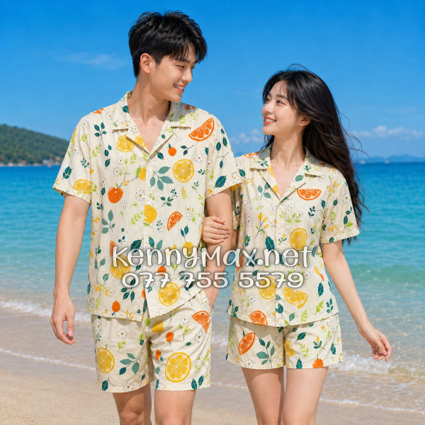 Set Áo Sơ Mi Quần Short Tropical Trái Cam Vàng Nhạt Đi Biển Nam Nữ