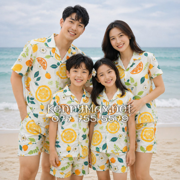 Set Áo Sơ Mi Quần Short Tropical Trái Cam Vàng Nhạt Đi Biển Nam Nữ