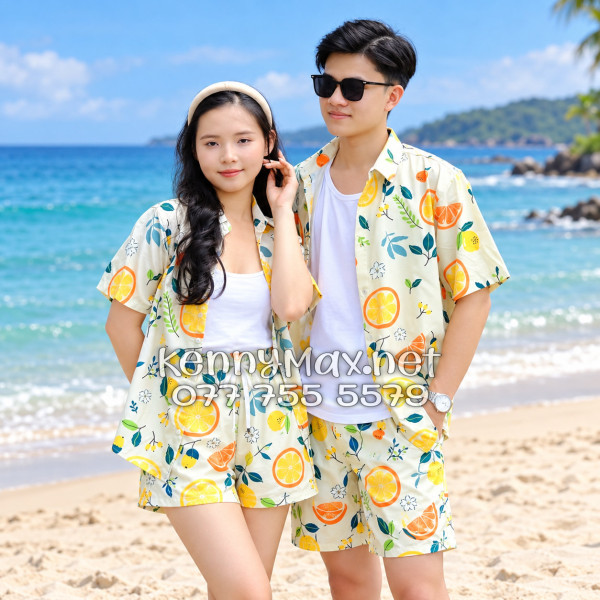 Set Áo Sơ Mi Quần Short Tropical Trái Cam Vàng Nhạt Đi Biển Nam Nữ