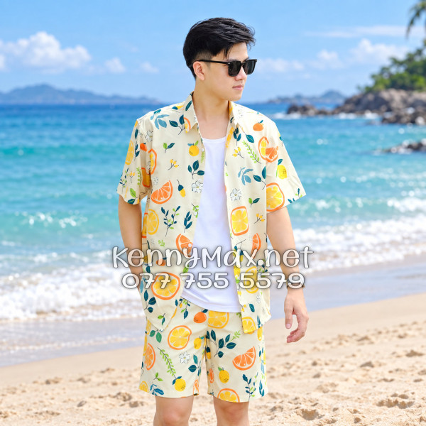 Set Áo Sơ Mi Quần Short Tropical Trái Cam Vàng Nhạt Đi Biển Nam Nữ