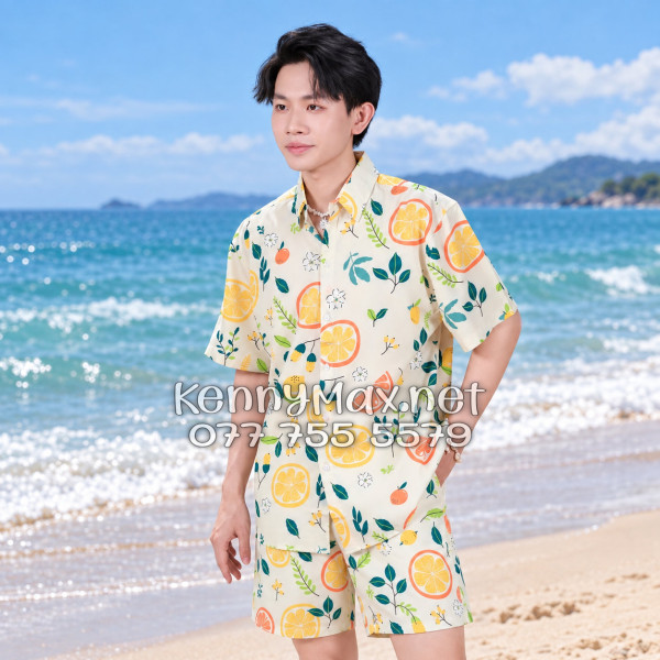 Set Áo Sơ Mi Quần Short Tropical Trái Cam Vàng Nhạt Đi Biển Nam Nữ