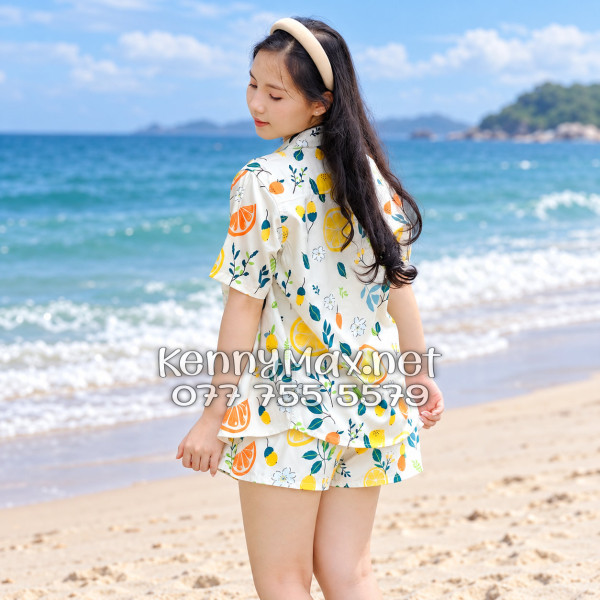 Set Áo Sơ Mi Quần Short Tropical Trái Cam Vàng Nhạt Đi Biển Nam Nữ